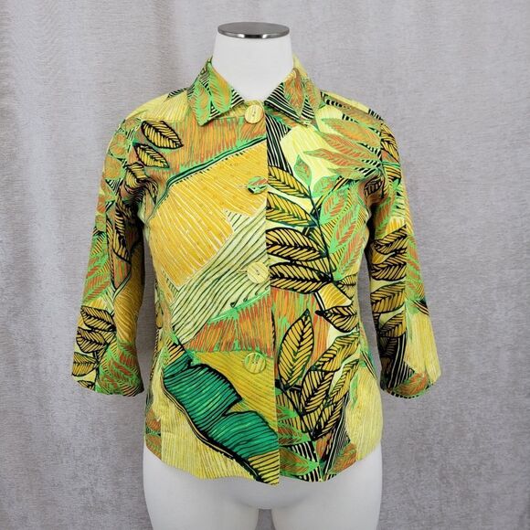 Chico's Tropical Leaf Print Blazer Jacket Topper Cotton Green Yellow - Picture 1 of 12
